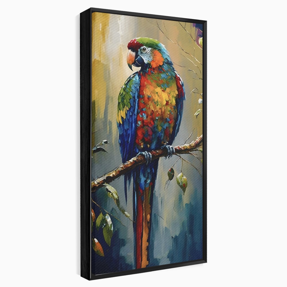 Tablou canvas cu tablou canvas cu papagal colorat, in rama de aluminiu negru